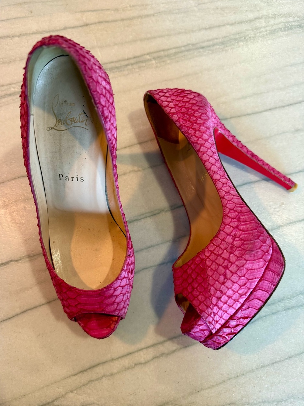 Vintage Y2K Christian Louboutin Hot Pink Peep-Toe Embossed Platform Pumps 38